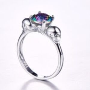 New Round Mystic Topaz Double Skull 925 Silver Ring.
